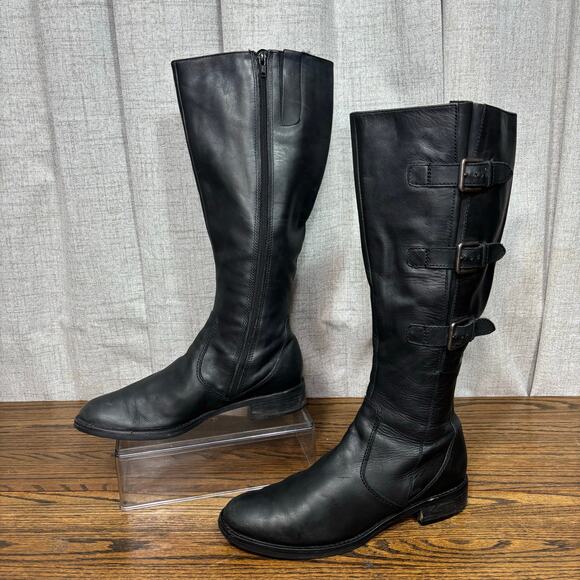 ECCO Women Black Leather Tall Knee High Riding Boots US 9-9.5 (40) Triple Buckle - Picture 1 of 8